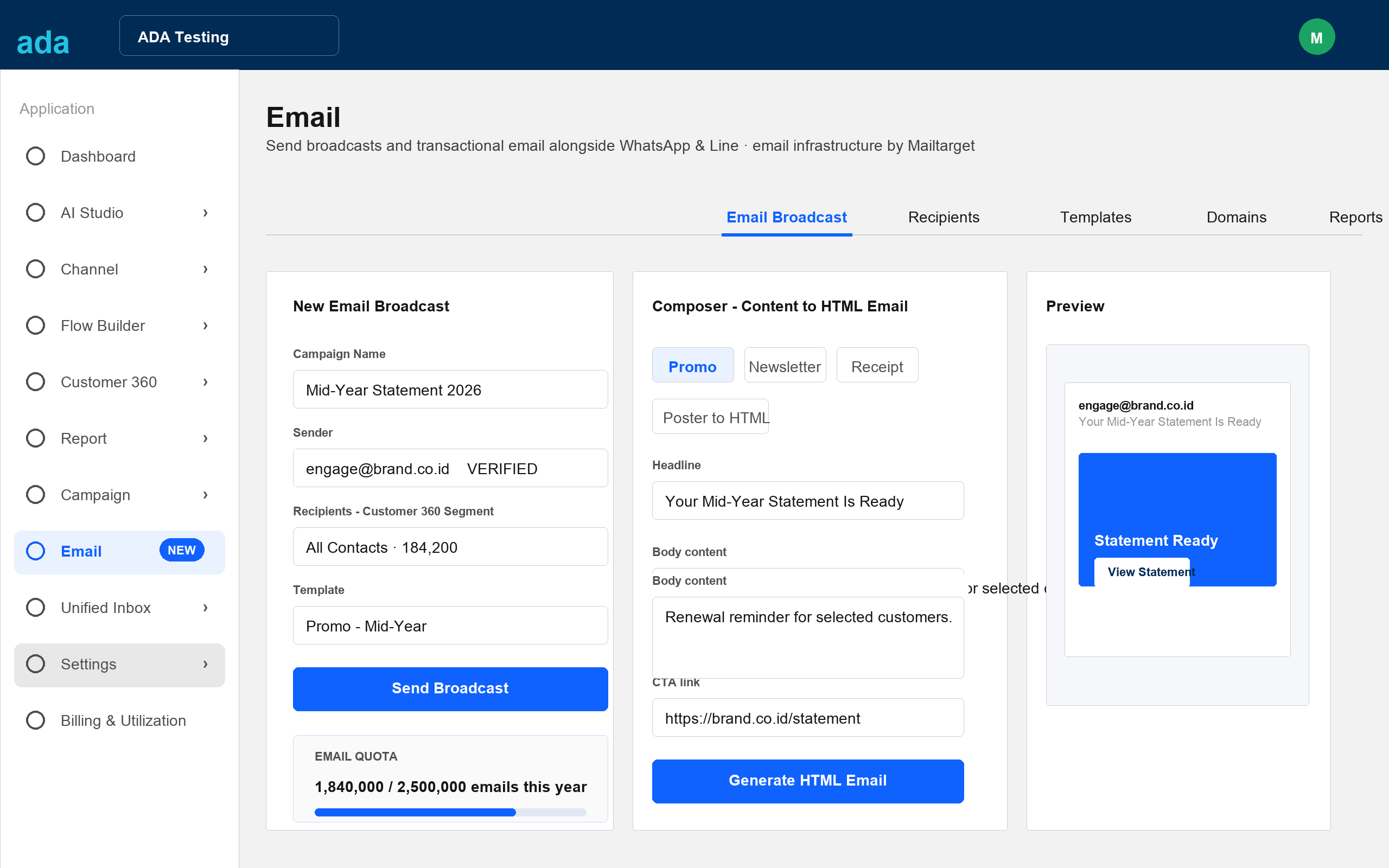 Email Broadcast tab